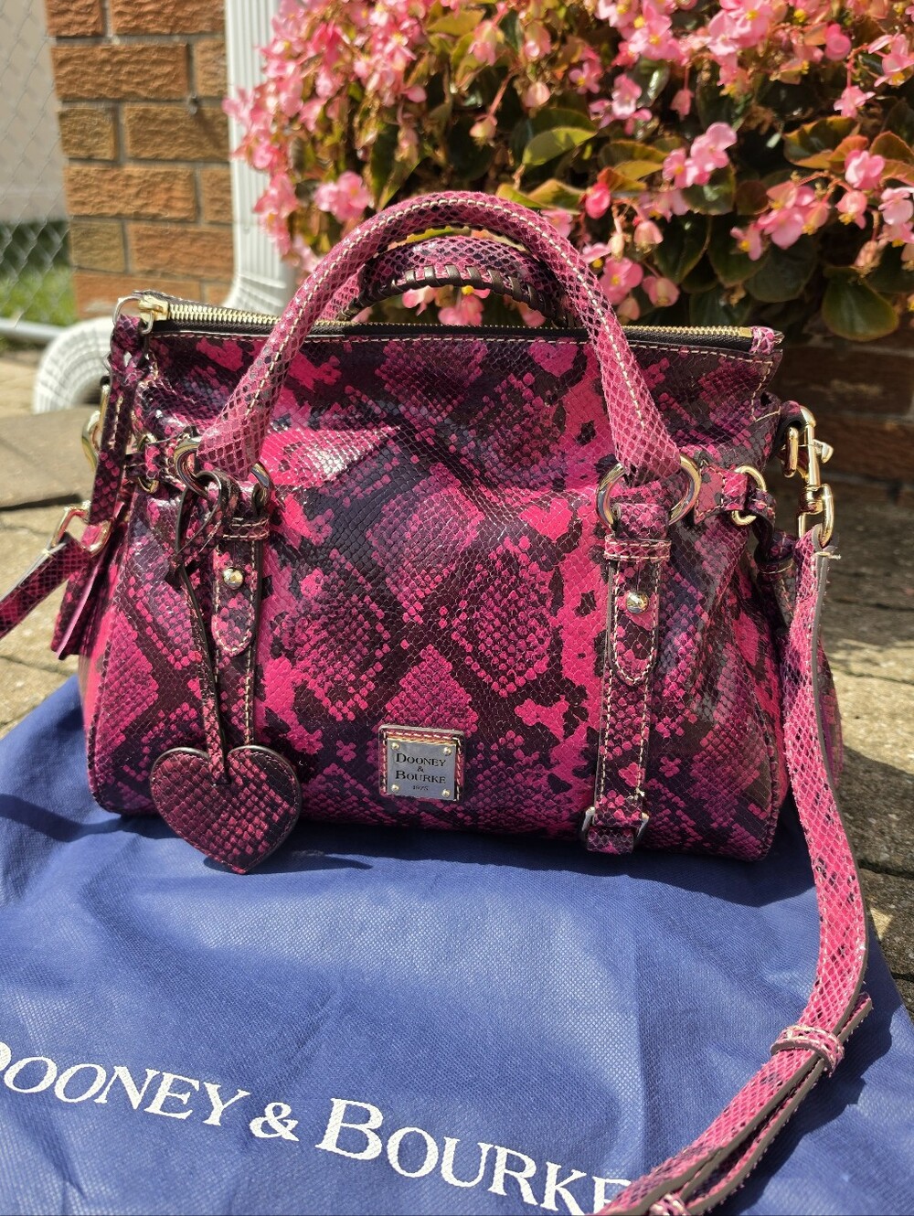 Dooney & Bourke Pink Snake-Print Leather Satchel with Michael Kors Heart Charm